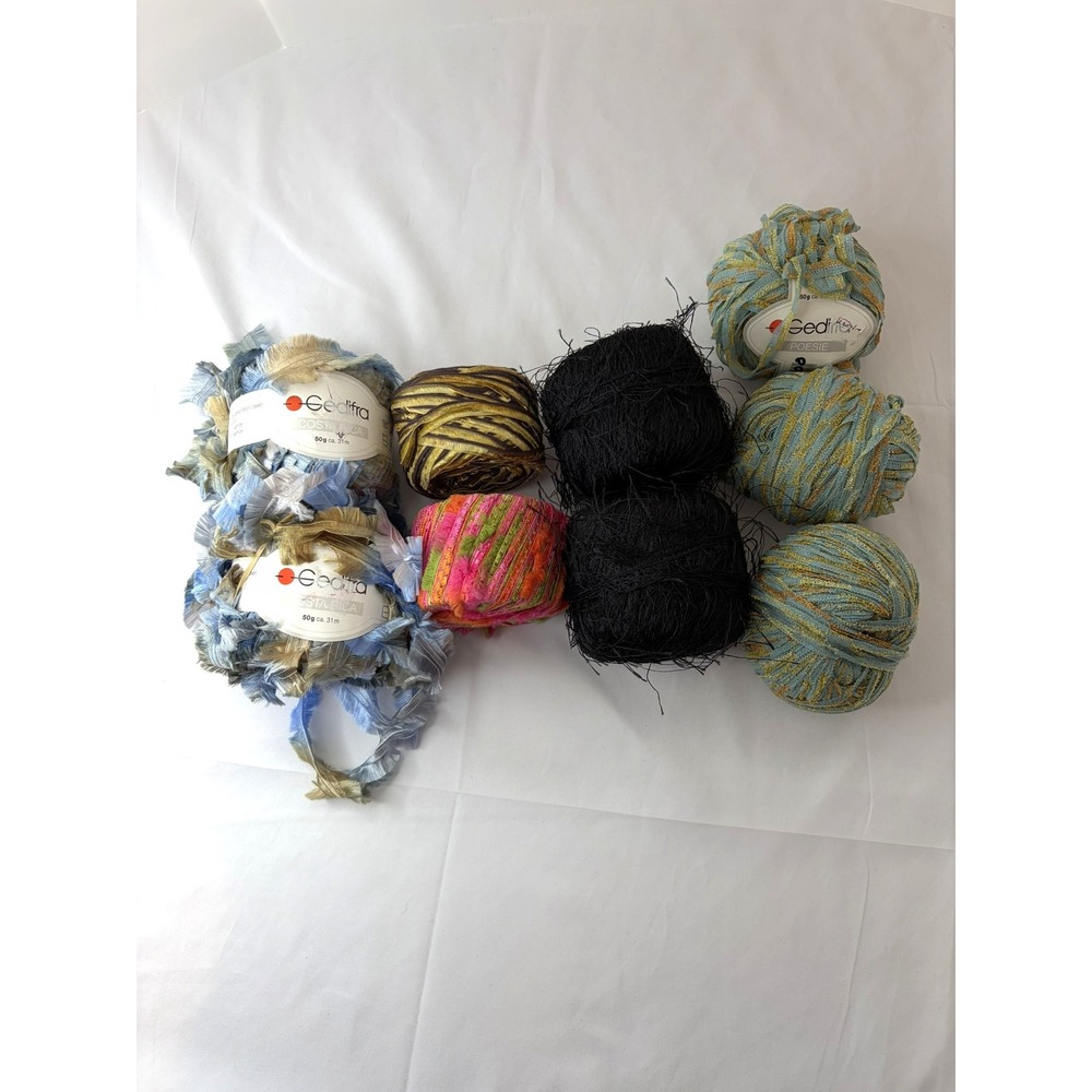 Gedifra Novelty Yarn Lot Mixed Blue Black Pink Ribbon Eyelash Fiber Good 9pc